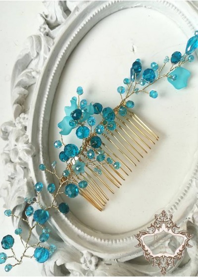 Нежен гребен за коса за официална прическа с кристали в цвят Тюркоаз Turquoise Spell by Rosie